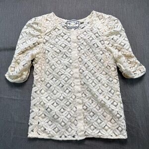 Anthropologie Two Of Us Lace Ruched Sleeve Ivory Short Sleeve Blouse Sz 2 Womens